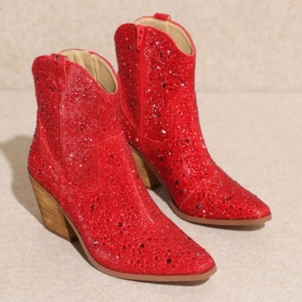 MIIM ANGEL Red Rhinestone Gem Embellished Ankle Western Heeled Cowboy Boots
